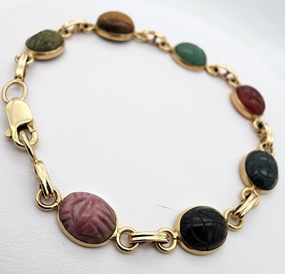 14k 585 Gold Art Deco Ägyptisches Revival geschnitzter Skarabäus Retro 7'' Armband Au 2106