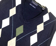 Austin Reed London Mens Sweater Vest L  Argyle Cotton Cashmere Navy Blue V-Neck
