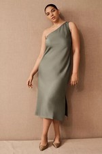 Anthropologie BHLDN AUDRIE One Shoulder Satin Gown Moss Green Side Slits Size 12