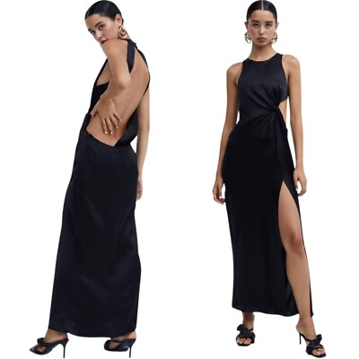 For Love & Lemons Taliah Black Satin Twist Front Side Drape Maxi Dress  MEDIUM | eBay