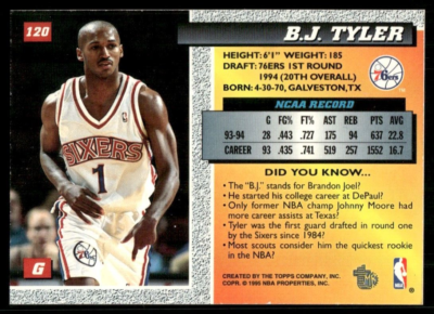 1994-95 Topps Embossed #120 B.J. Tyler Rookie RC 76ers basketball