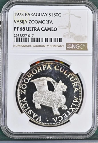 1973 PARAGUAY SILVER 150 GUARANIES "VASIJA ZOOMORFA" NGC PF 68 ULTRA CAMEO