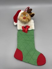 Vintage Reindeer In Santa Hat Plush Christmas Stocking No Tag