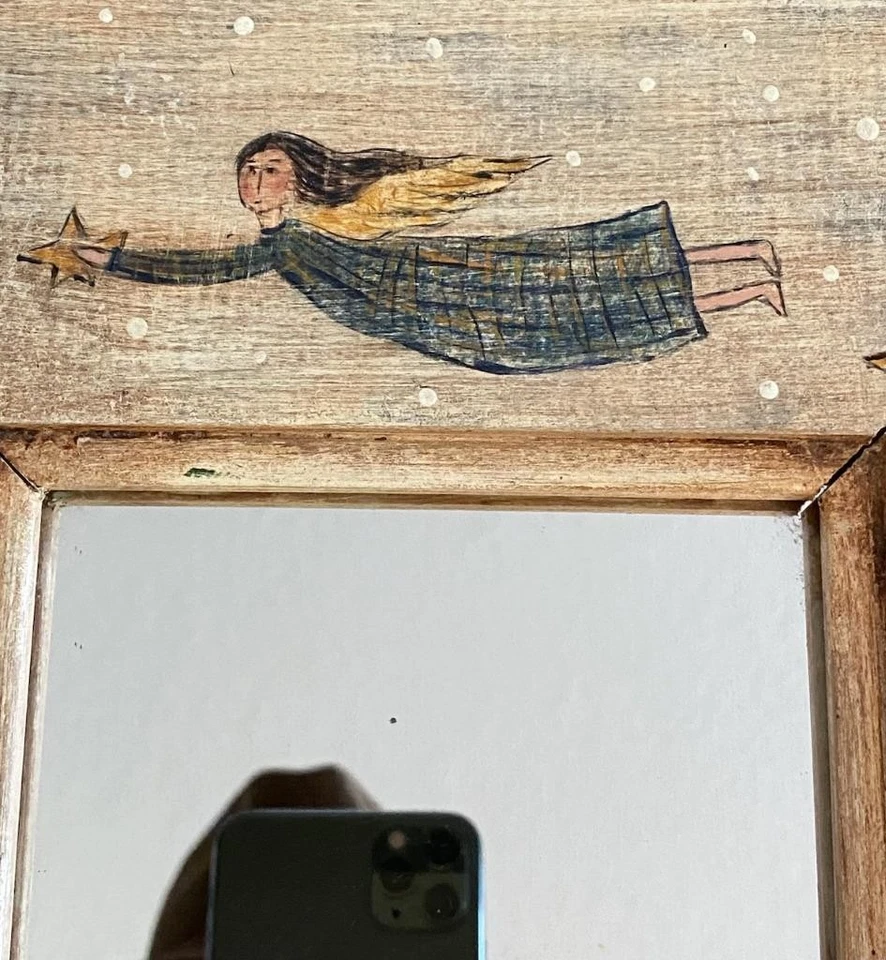 Primitive Hand Painted Folk ART Flying Angels Mirror signed TLC Walnut Creek 11" - Image 2 of 4