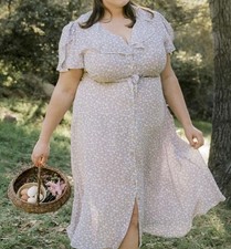 Christy Dawn XXL Midi Dress Ruffle collar Floral Lavender Button Tied