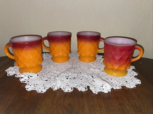 Vintage ANCHOR HOCKING Kimberly Diamond Orange Mug set of 4