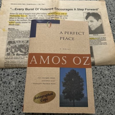 SIGNED A Perfect Peace by Amos Oz Paperback Very Good+ newspaper clipping