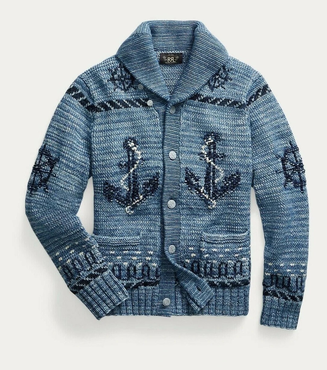 RRL Ralph Lauren Shawl Sweater Hand-Knit Nautical Cardigan Men's