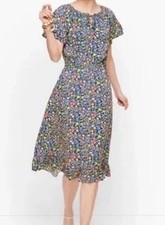 Talbots Ditsy Floral Flutter Sleeve Tie Neck Ruffled Hem Multicolor Dress Sz 8P