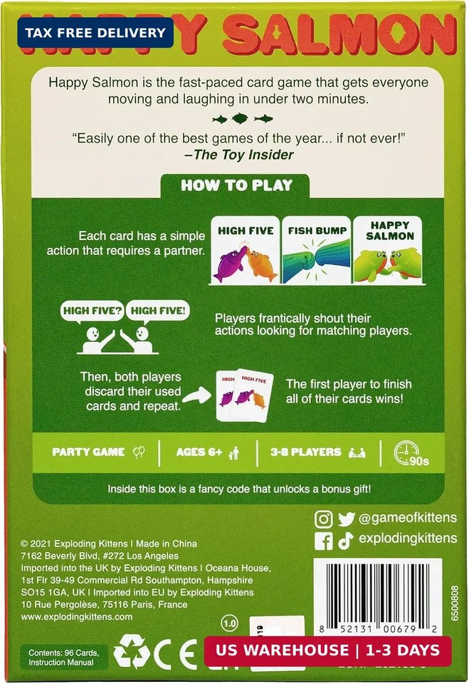 Exploding Kittens Happy Salmon, 3-8 Players, Ages 6+ Group Card Game ...