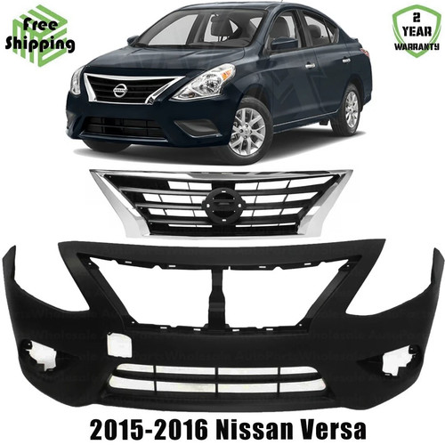 Front Bumper Cover Fascia & Grille Assembly Kit For 2015-2016 Nissan Versa