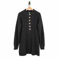 Sezane Luan Long Sleeve Ribbed Knit Sweater Dress Black Gold Buttons Size Medium