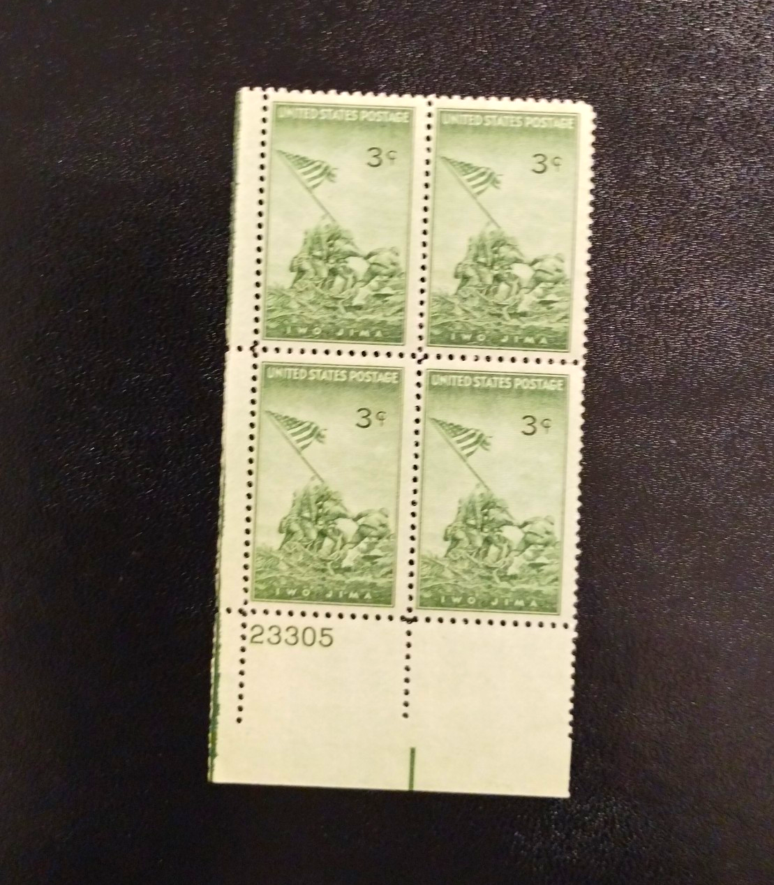 United States Iwo Jima WWII 3¢ Green Plate Block of 4 MNH Ungraded #23305