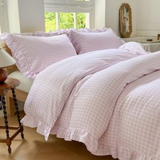 Pink Gingham Ruffle Duvet Cover Queen Size 3 Pieces Soft Pre-Washed Microfiber