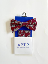 Mens dark red floral Bow Tie Pre-tied Bowtie w Matching Pocket Square Set New