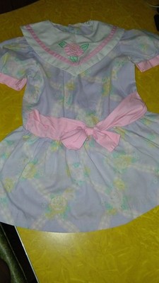 Girls 3T Light Blue Floral Cotton Woven Fit & Flare Dress Pink Collar Bow