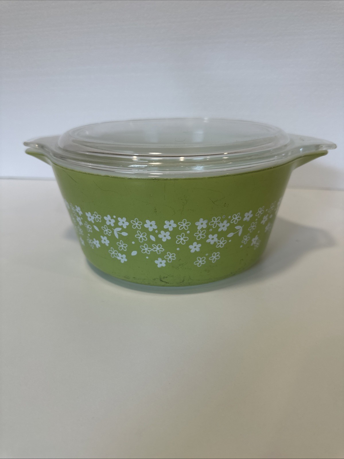 Vintage Pyrex 474-B Green Spring Blossom White Daisy Casserole Dish 1.5 Qt W/Lid