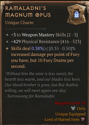  DIABLO 4 SEASON 13 Unique Charm Ramaladni's Magnum Opus +3 WM Skills+ PH 38