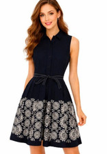 Oscar De La Renta Linen Dress Womens 10 Navy Blue Floral Embroidered
