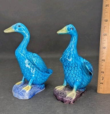 2 Vtg Peking Blue Duck Goose Majolica Chinese Bird 6'' Pair Set