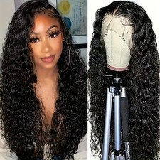 13x4 Lace Frontal Wigs Water Wave Black Color Heat Safe Soft As Human Hair Women