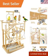Bird Playground - Natural Wood Parrot Playstand with Perches, Bird Play Gym &...