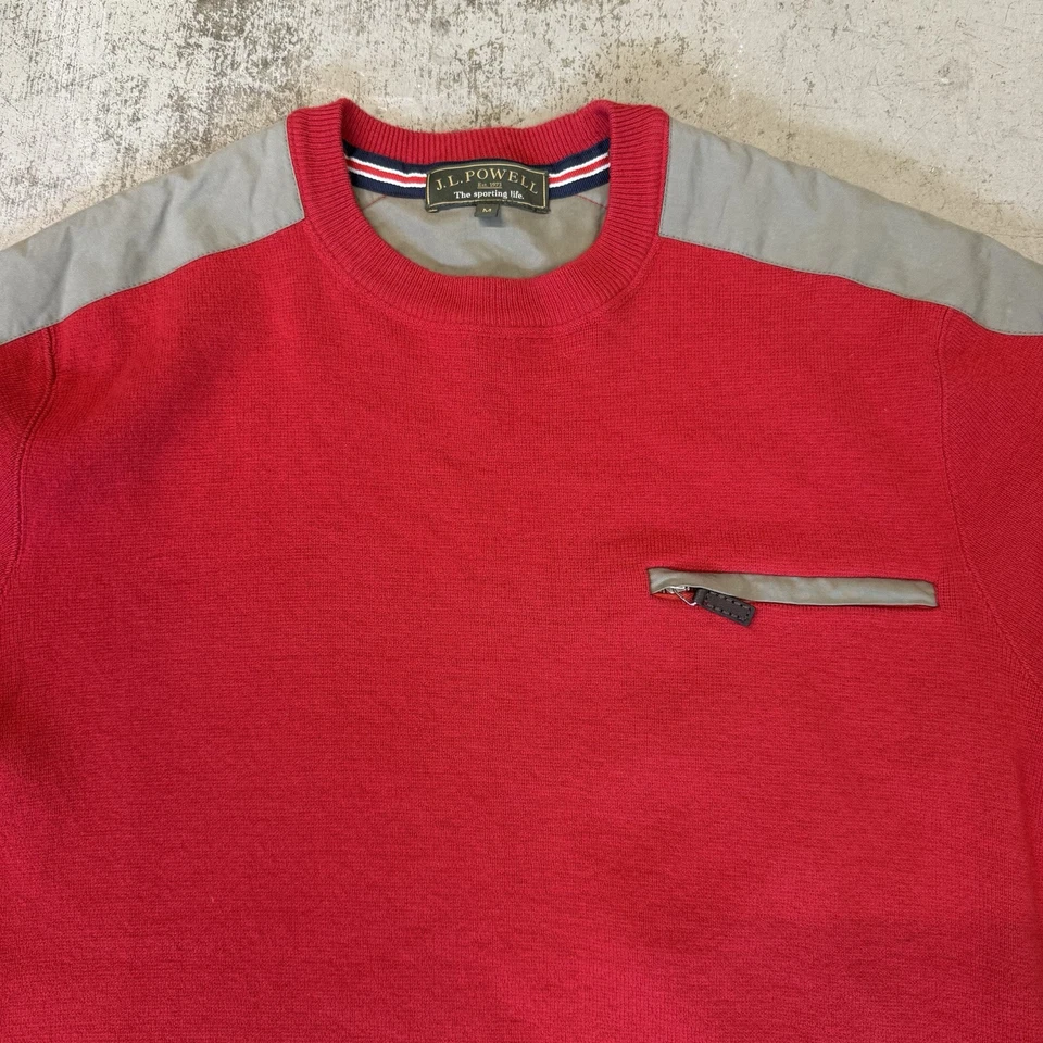 Suéter J. L. Powell Lana Merino Cachemira Hombre Grande Rojo Codo Parches Caza Foto 2 de 4