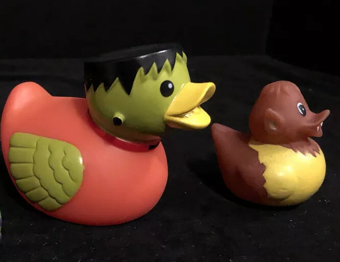 Set Of 2 Classic Halloween Frankenstein Monster + Wolf Rubber Duckies Bath Toys