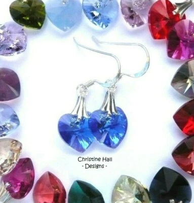 CHRISTINE HALL DESIGNS 32 colours - Sterling Silver Swarovski Elements Crystal Heart Hook Earrings +Box