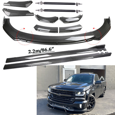For Chevy Silverado Carbon Fiber Front Bumper Lip Spoiler & Side Skirt T++