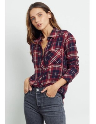 Boyfriend Button Down Shirt Top Plaid Rayon Coastal Cowgirl Cottage Roll Tab S