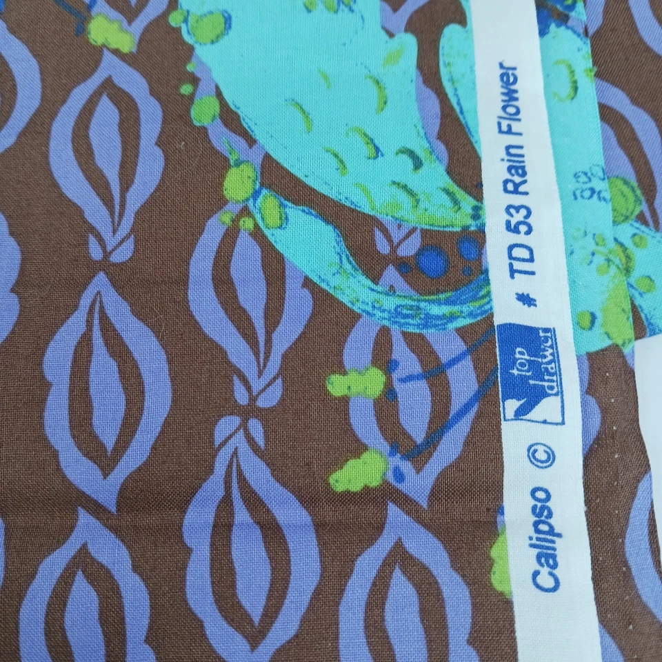 Estampado de algodón marrón púrpura verde azulado flor lluvia CALYPSO 2 yardas 45" de ancho Foto 3 de 4