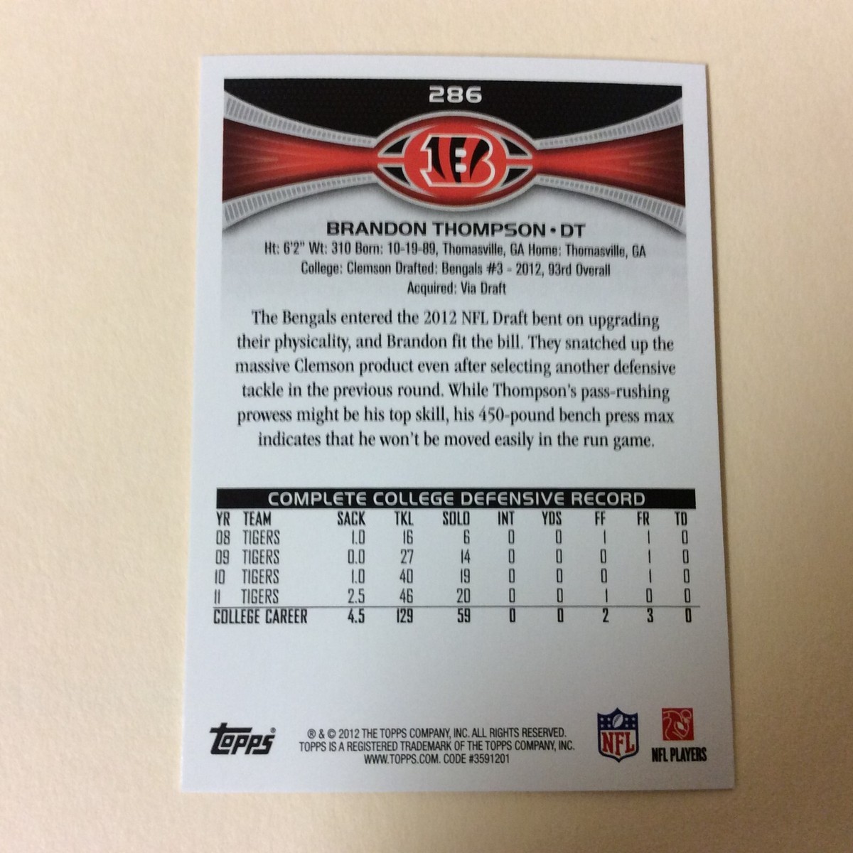 2012 Topps #286 Brandon Thompson RC Cincinnati Bengals | eBay