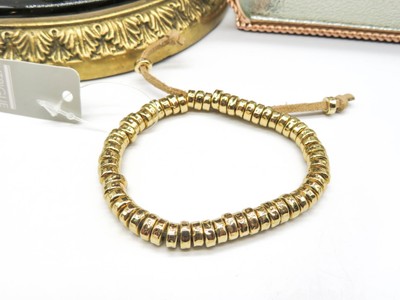 Gold Tone Bead Brown Suede Look Cord Adjustable Length Bracelet W31