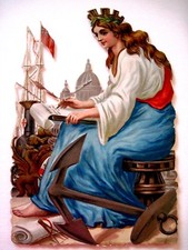 Vintage Large Gorgeous Die Cut of Woman w/ Explorer Instruments; Anchor