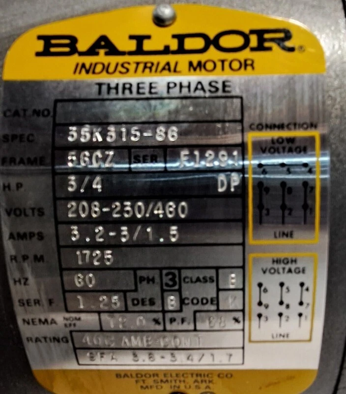 BALDOR 35K315-86 3/4HP, 1725RPM, 3PH, 60HZ, 56CZ, DP, F1291 SHAFT 1.35 x 15.75 - Image 4 of 4