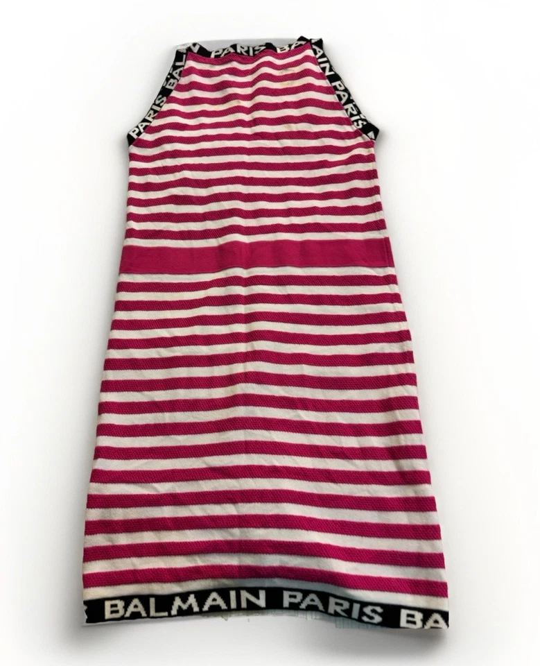 Vestido Balmain Paris Niñas 12A Rayas Tejido Rosa Blanco Logo Ribete Mini Ver Fotos Foto 2 de 4