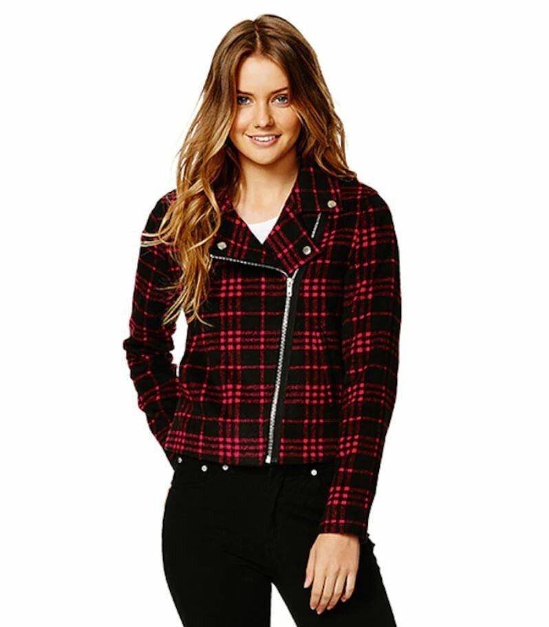 LILY LOVES Wool blend Felted Plaid Red Black Zip Biker Jacket Size 8AU / 4US