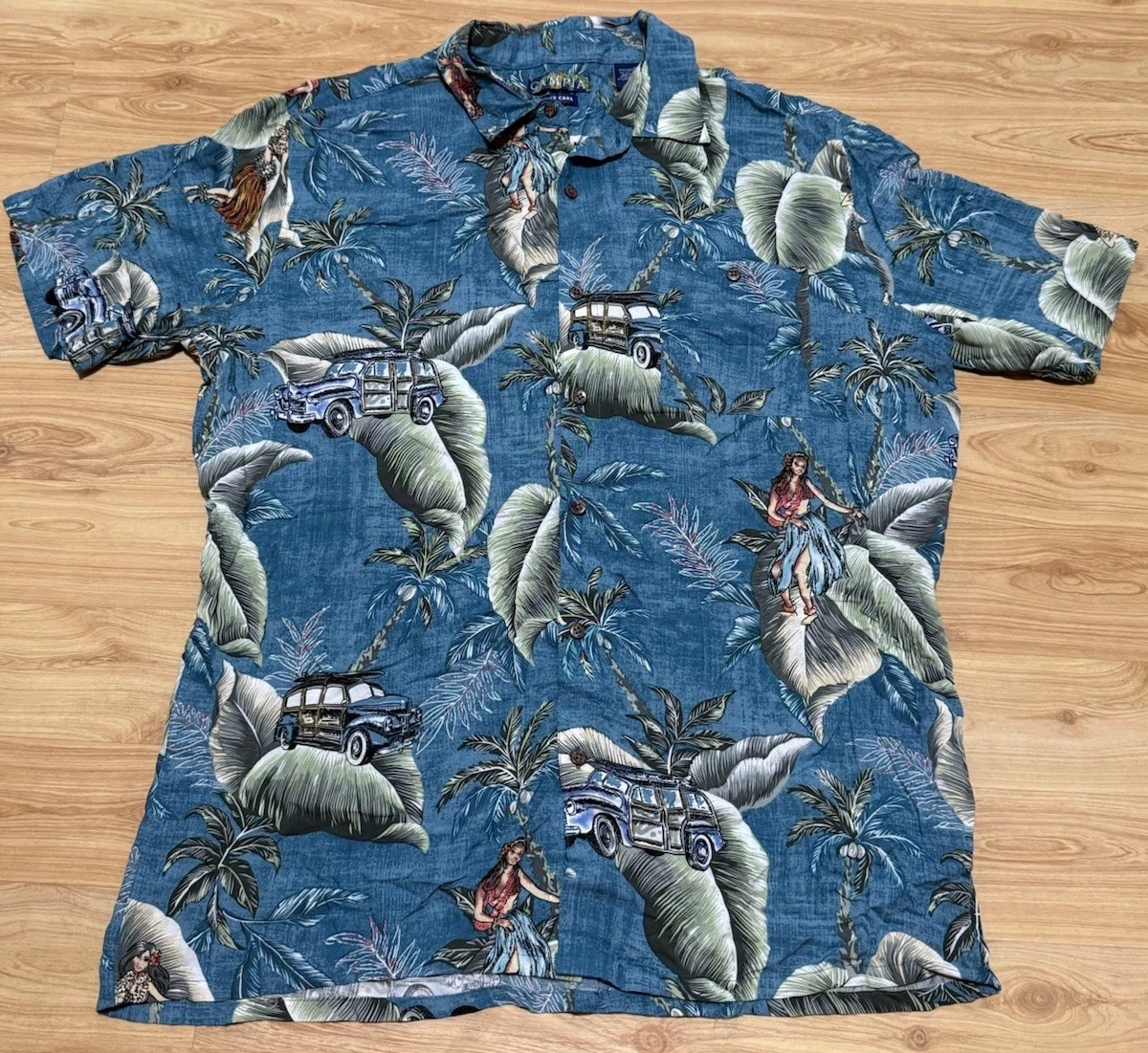 CAMPIA RAYON TROPICAL HULA HAWAIIAN WOODIE S/S BUTTON FRONT CASUAL SHIRT SZ L
