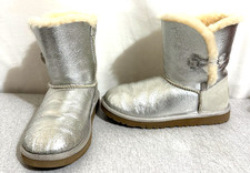 UGG Bailey Button Youth Girl's Size 3 Metallic Silver Short Shearling Boots