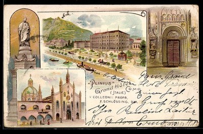 Lithographie Como, Grand Hôtel Plinius, prop. V. Colleoni 1899 