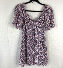 Y2K Babydoll Dress Juniors Size 3 Navy Blue Pink Floral Puff Sleeve Coquette