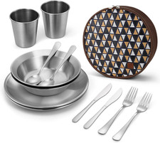 Kit Piatti E Posate in Acciaio Inox Lucido, Include Piatti Ciotola Tazza Posate 