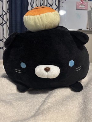 Sasurai No Tabineco Cat with Pancake Head 14'' Black Fluffy Soft Plush Cat NWT