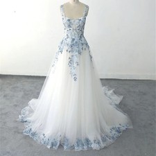 Light Blue Floral Embroidery Wedding Dresses Sleeveless Square Neck A-line Gowns