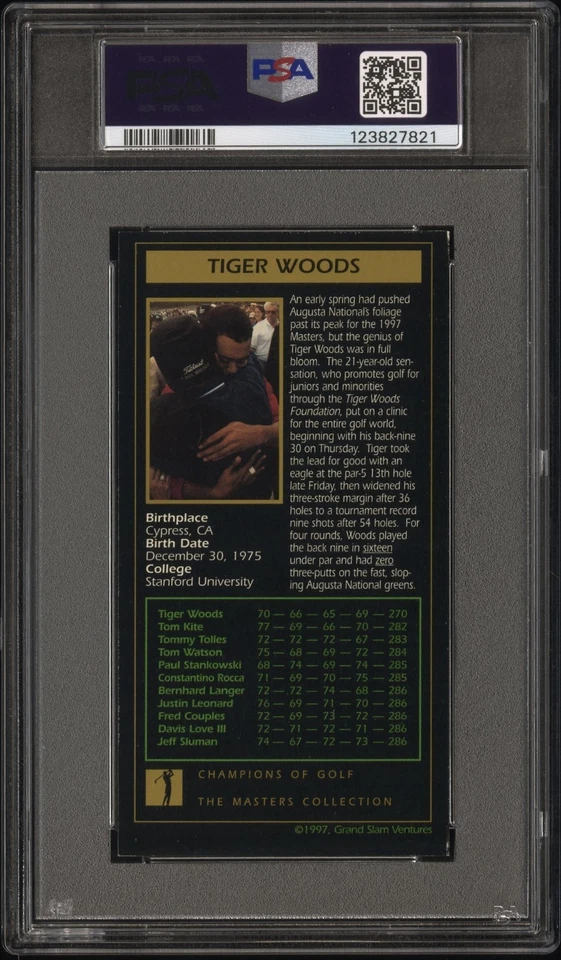 1998 CHAMPIONS OF GOLF MASTERS COLLECTION GOLD FOIL TIGER WOODS RC ROOKIE PSA 5 - Image 2 of 2