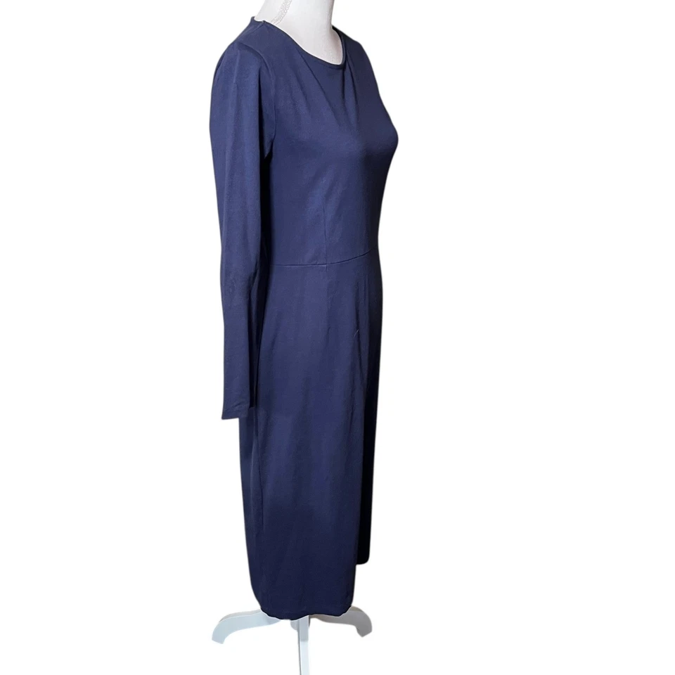 J Crew Navy Blue Long Sleeve Ponte Knit Midi Sheath Dress Size 6 Back Zip Cotton - Image 3 of 4