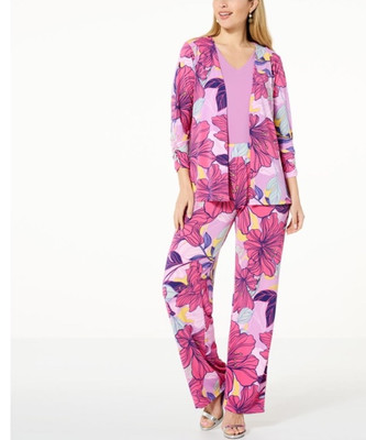 IMAN Global Chic 2-piece Drapey Knit Topper and Pant Set In Pink Floral L New