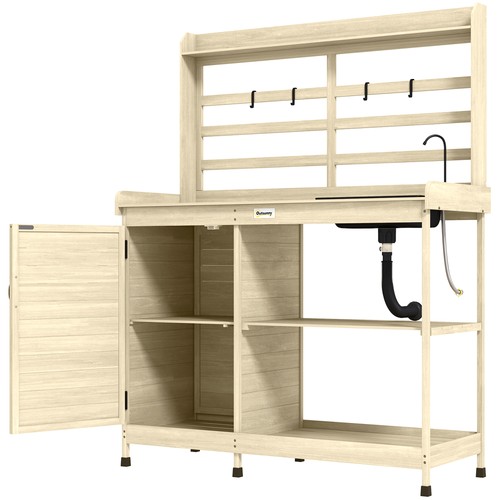 Wooden Natural Potting Bench with Storage, Sink, Water Tap