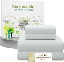 4 Pcs 100 Cotton Full Size Sheets Set, Soft Silver, 400 Thread Count, Percale
